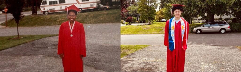 Left; photo of angela in a red graduation gown, Right; photo angela's son in a red graduation gown