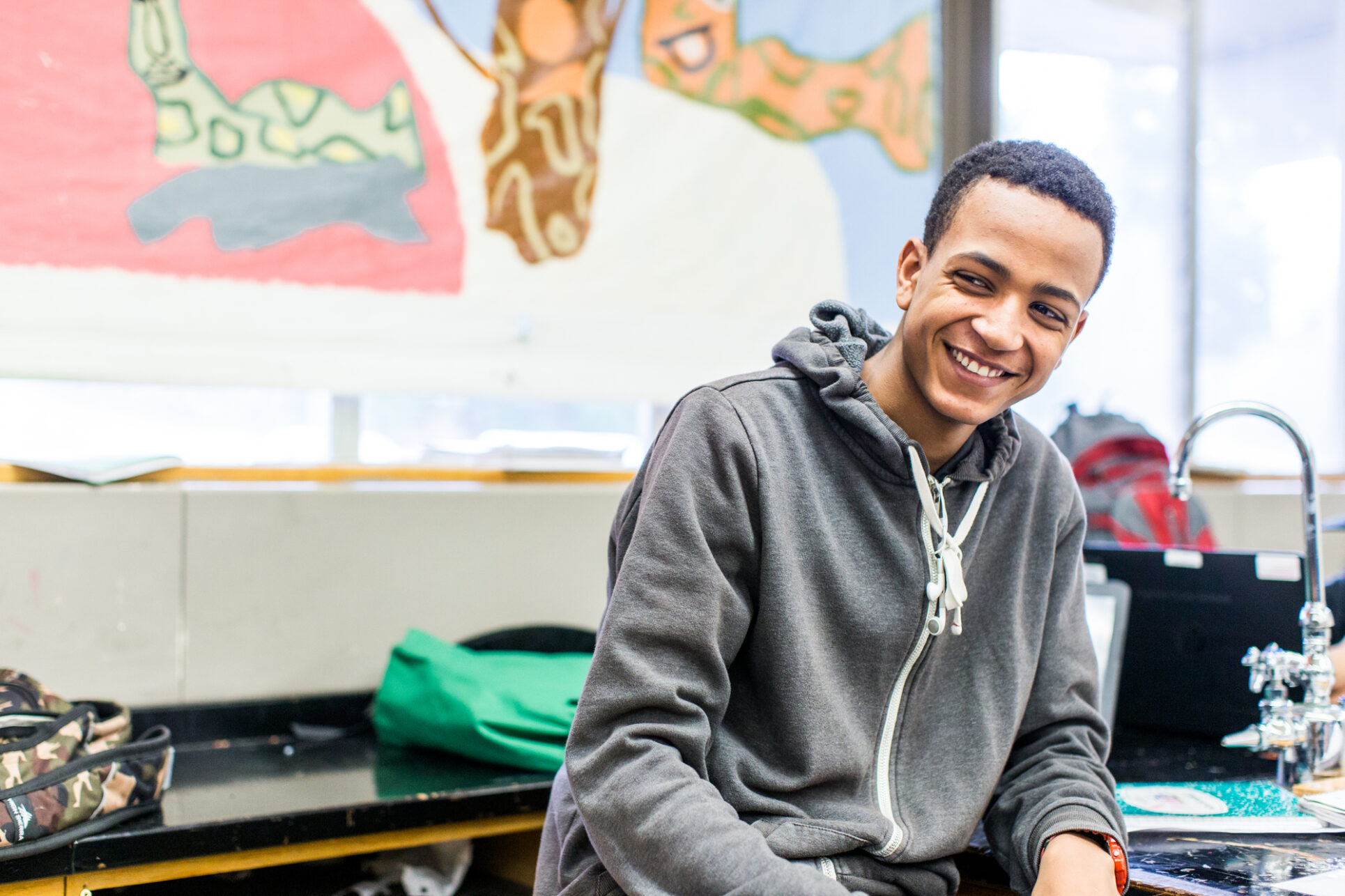 Students work in a classroom at Global Connections High School in Seattle, WA