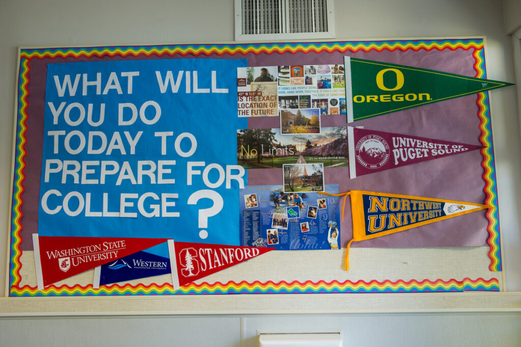 Cascade Middle School with poster that reads "What will you do today to prepare for college?"
