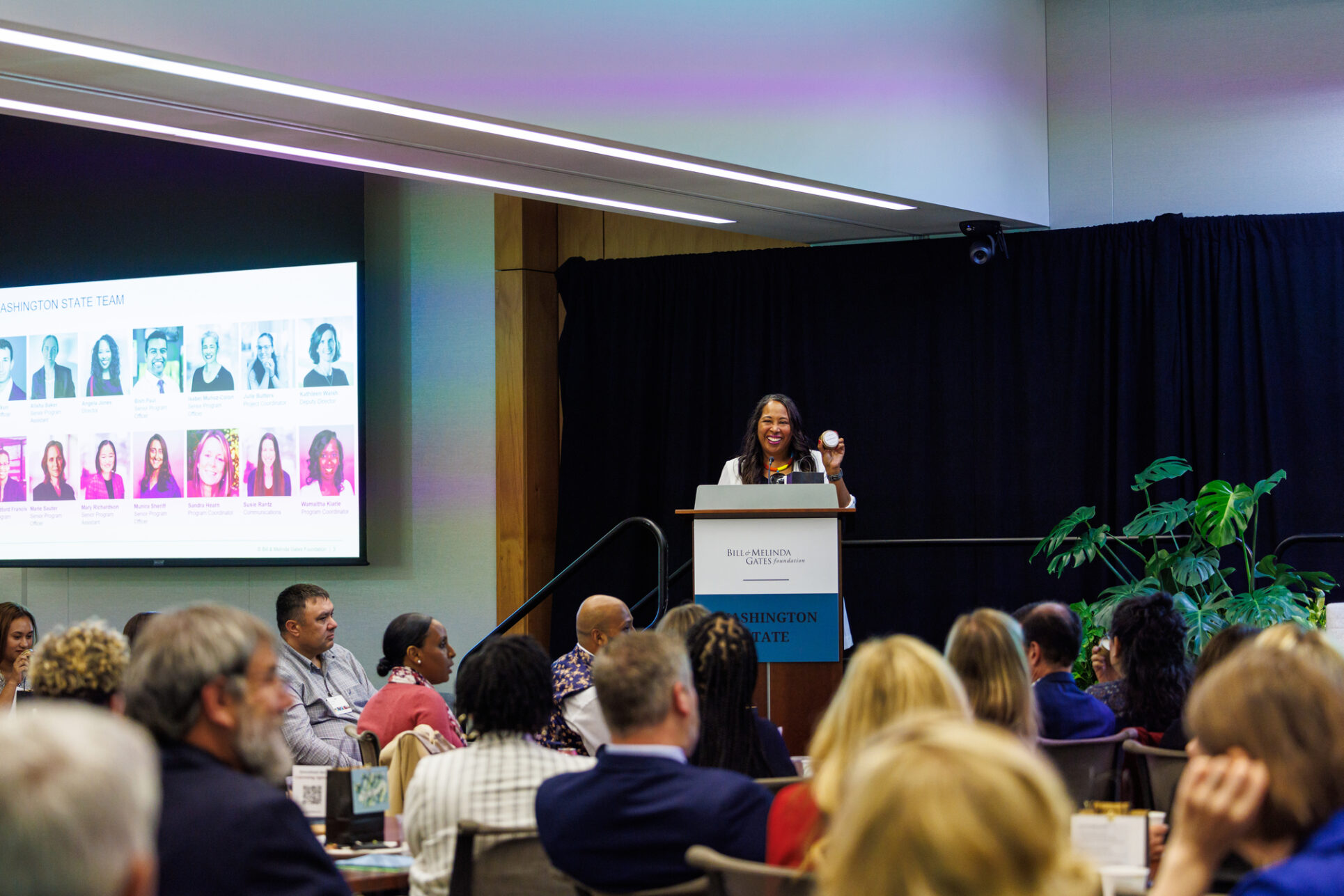 Angela Jones, Director of the Washington State Initiative, takes to the stage during the Washington State Initiative Launch in Seattle, Washington, on June 14, 2023.