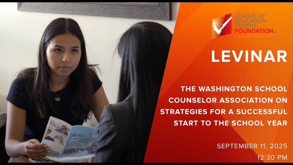 A photo of a student meeting with an advisor next to text that promotes a League of Education Voters webinar.