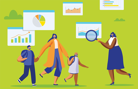 Illustrated depiction of students and graphs