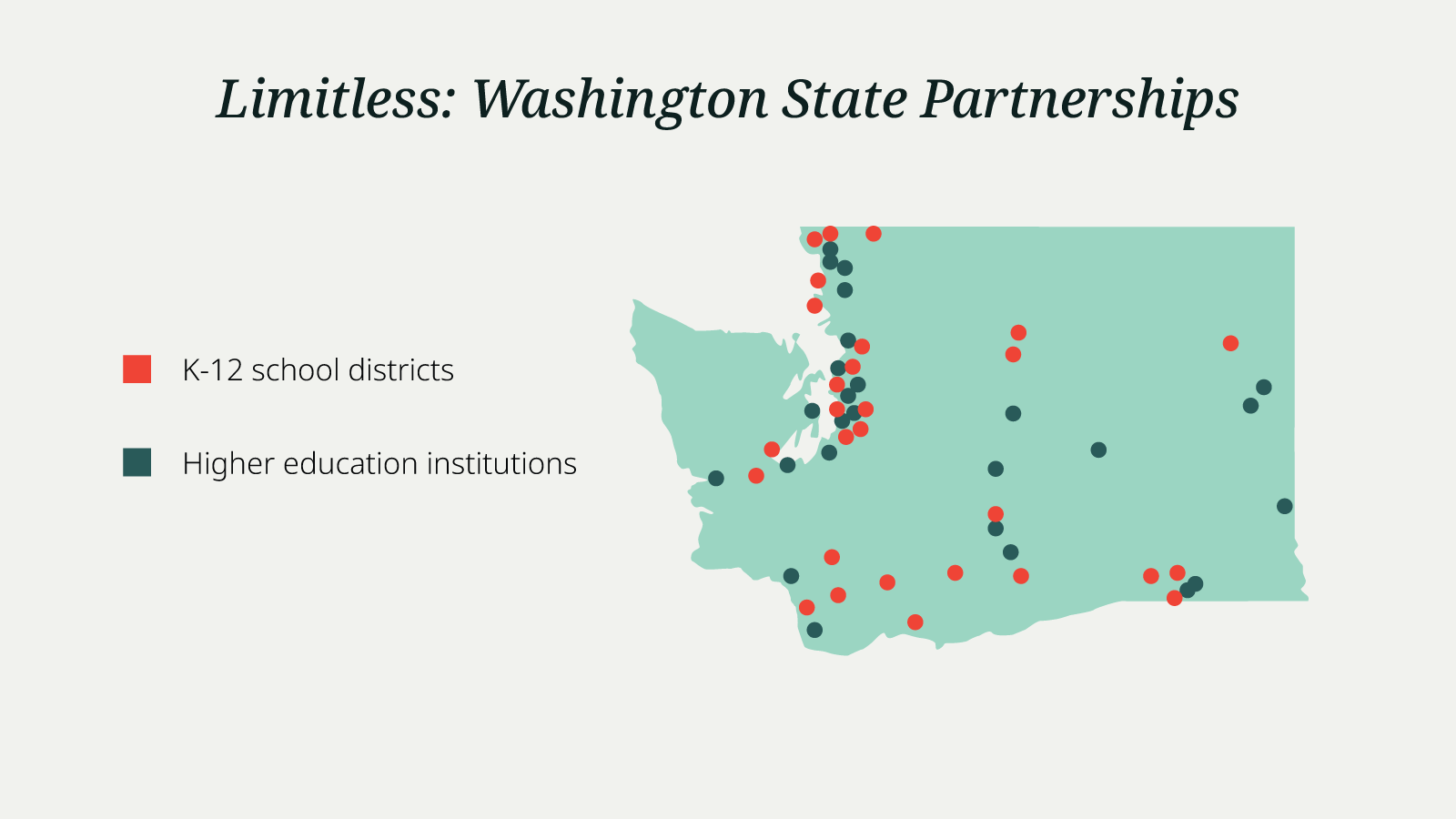 Map of Limitless Washington State Partnerships locations: K-12 school districts and Higher education institutions