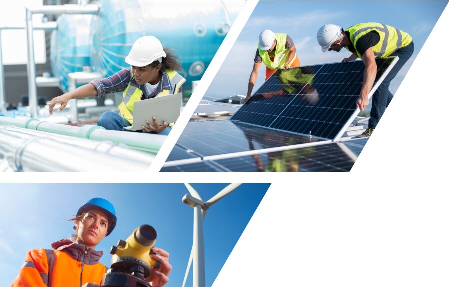 Multiple graphic images of energy efficient workers with hard hats.