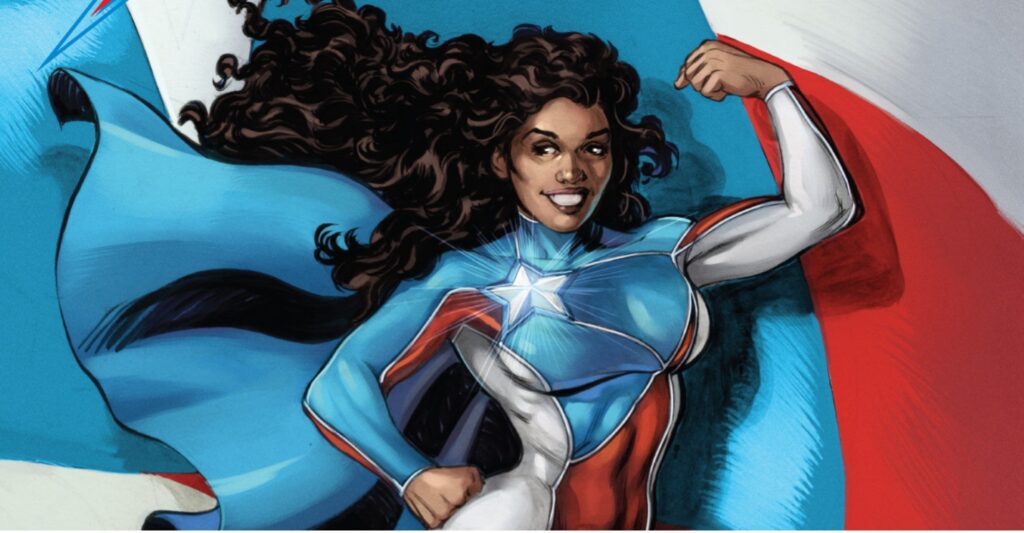 Women superhero with Puerto Rico flag colors suit and cape.